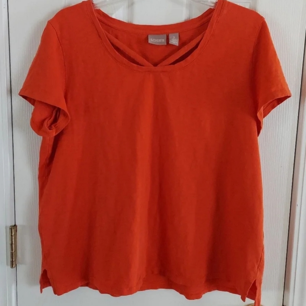 CHICO'S CROSSED SCOOP NECK SHORT SLEEVE TEE SIZE 2 (LG 12) ORANGE EUC!
